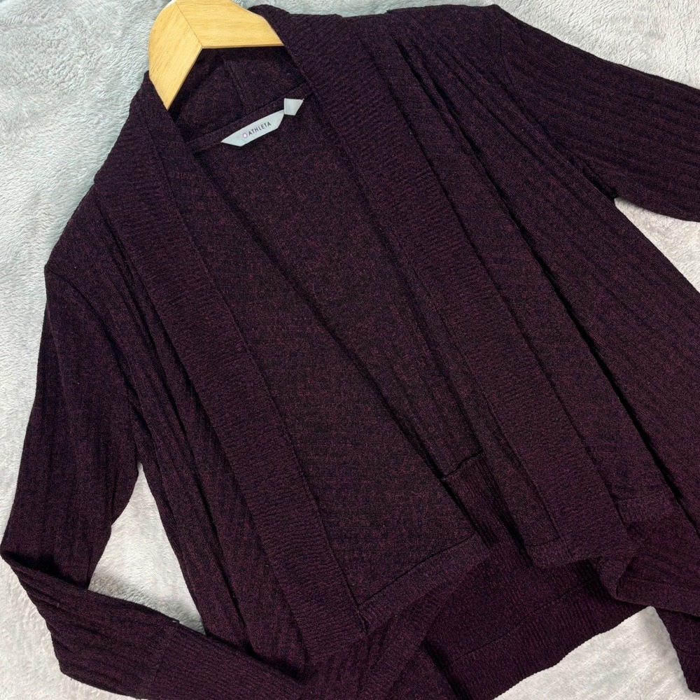 Athleta Women's Open Front Cardigan Burgundy Ribbed Drape Hem Sweater Sz S
